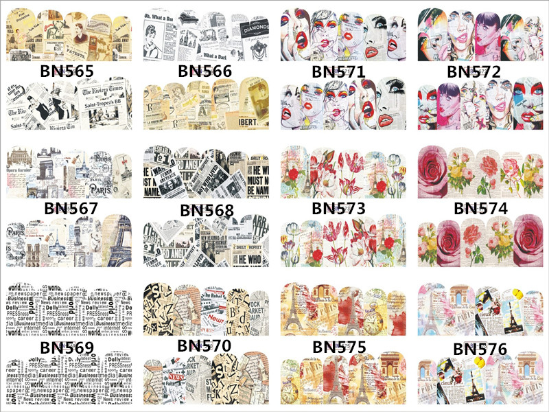 BN565-576 Newspaper Water Nail Sticker