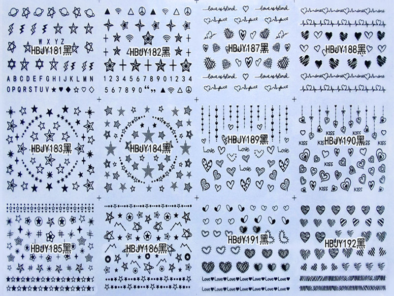 HBJY181-192 3D Balck Star Heart Nail Art Sticker 