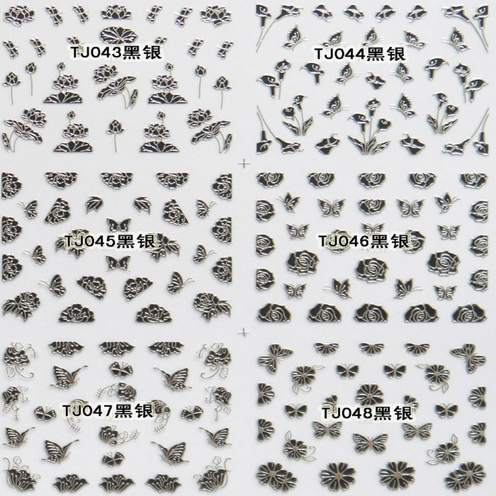 TJ037-048 3D Black Silver Butterfly Nail Art Sticker 