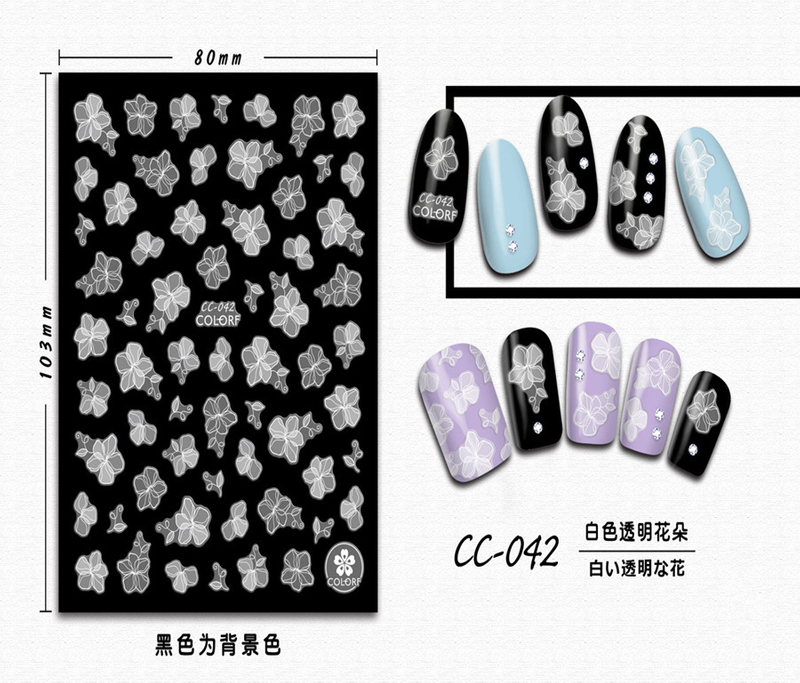 CC-042 3D White Transparent Flower Nail Sticker