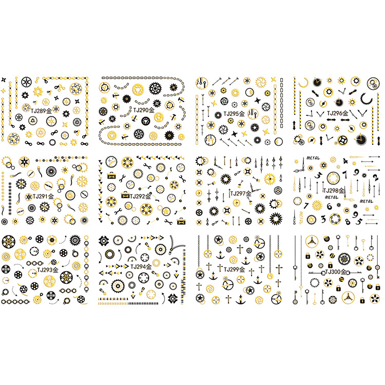 TJ289-300 3D Gold Gear Nail Art Sticker 