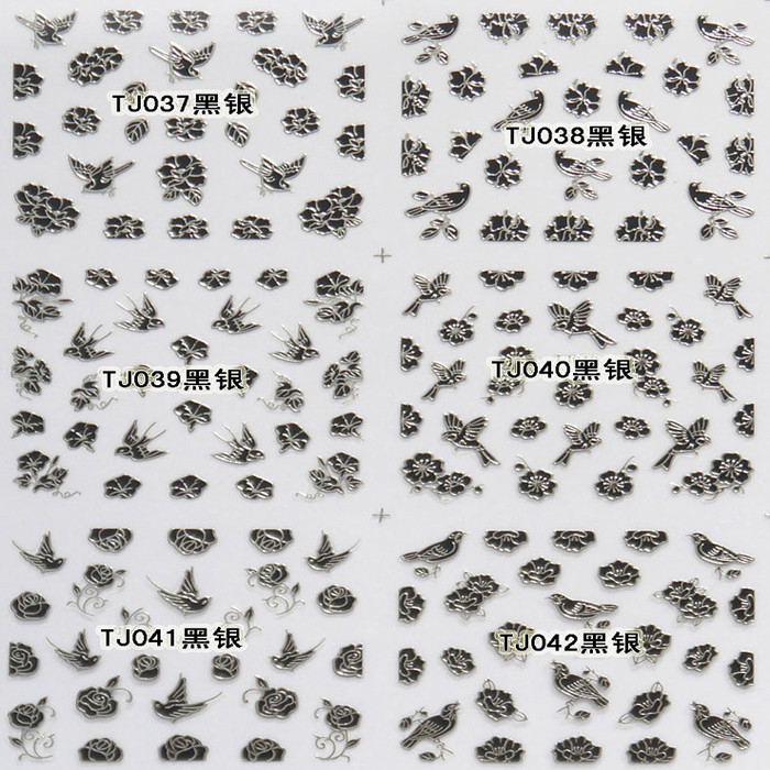 TJ037-048 3D Black Silver Butterfly Nail Art Sticker 