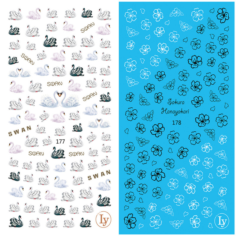 LY177-178 Thin 3D Swan And Line Drawing Flower Nail Sticker