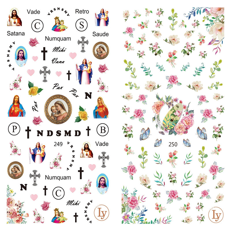 LY249-250 Thin 3D Jesus And Flowers Nail Art Sticker