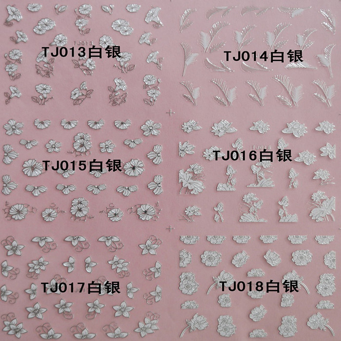 TJ013-024 3D White Silver Flower Nail Art Sticker 