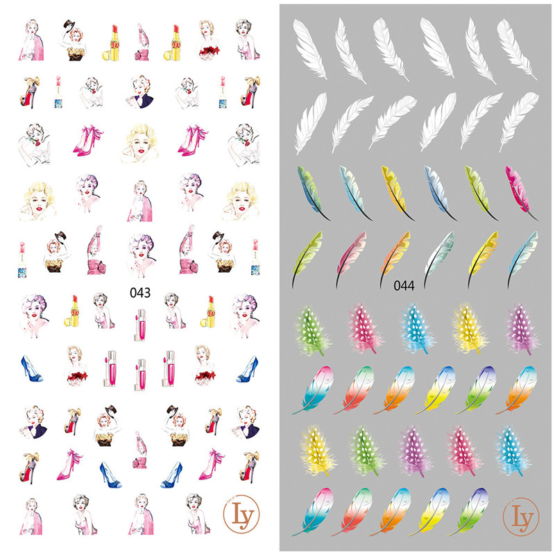 LY043-044 Thin 3D Women And Feather Nail Sticker