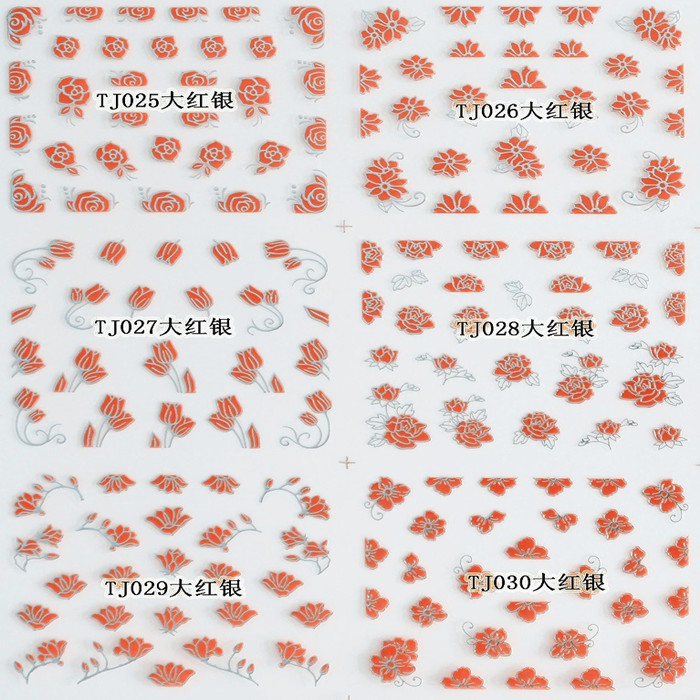 TJ025-036 3D Red Silver Flower Nail Art Sticker 