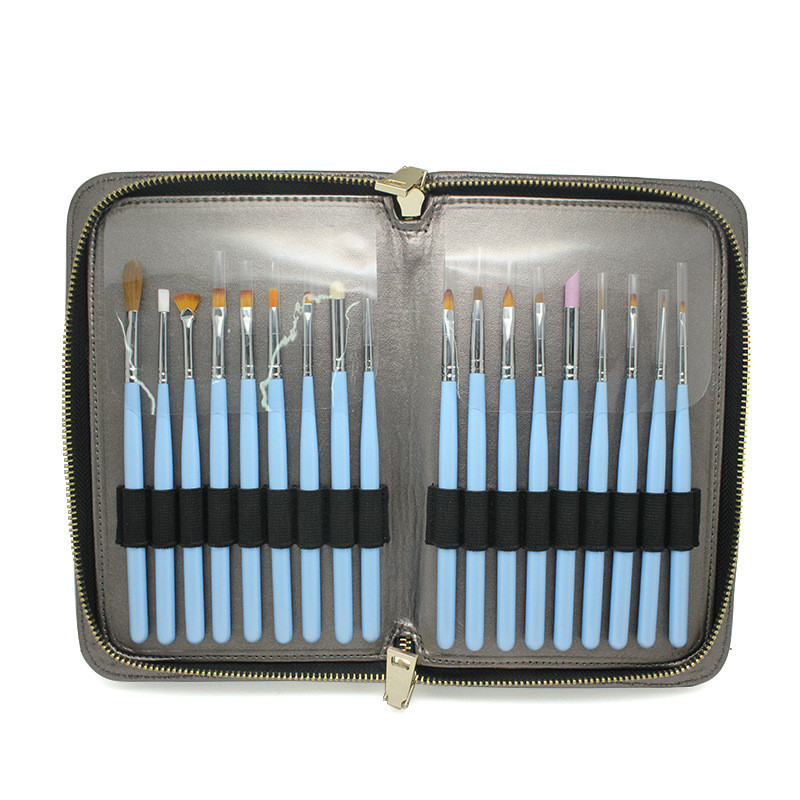 18pcs High Quality Wood Handle Nail Brush Set with PU Leather Bag