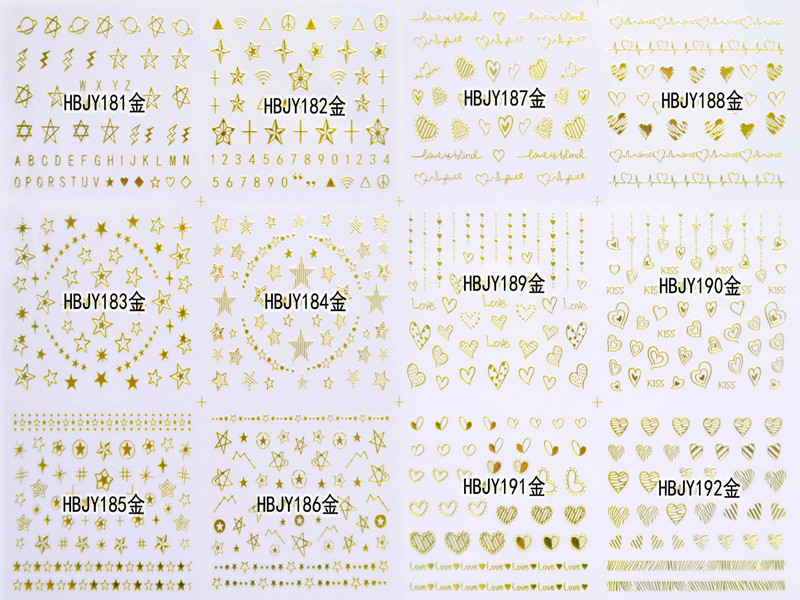 HBJY181-192 3D Gold Star Heart Nail Art Sticker 