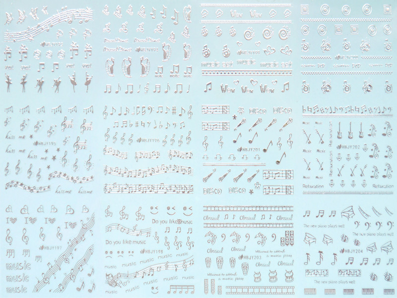 HBJY193-204 3D Silver Musical Note Nail Art Sticker 
