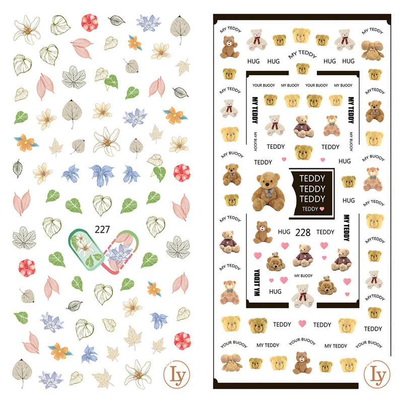 LY227-228 Thin 3D Flower And Teddy Nail Sticker