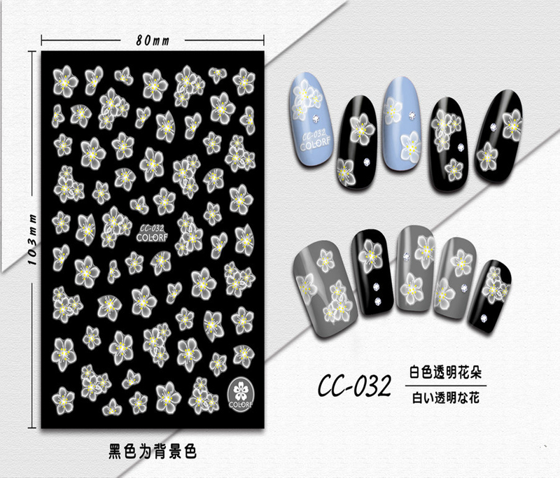 CC-032 3D White Transparent Flower Nail Sticker