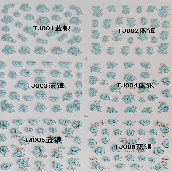TJ001-012 3D Blue Silver Flower Nail Art Sticker 