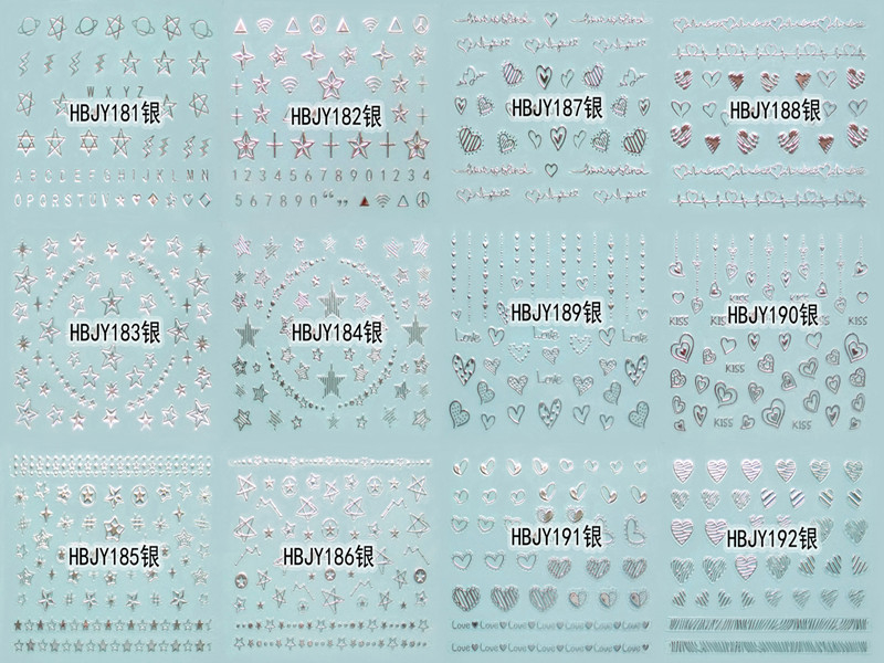 HBJY181-192 3D Silver Star Heart Nail Art Sticker 