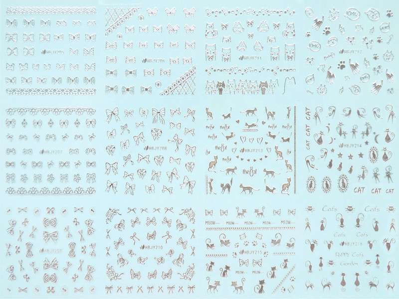 HBJY205-216 3D Silver Bow And Cat Nail Art Sticker 
