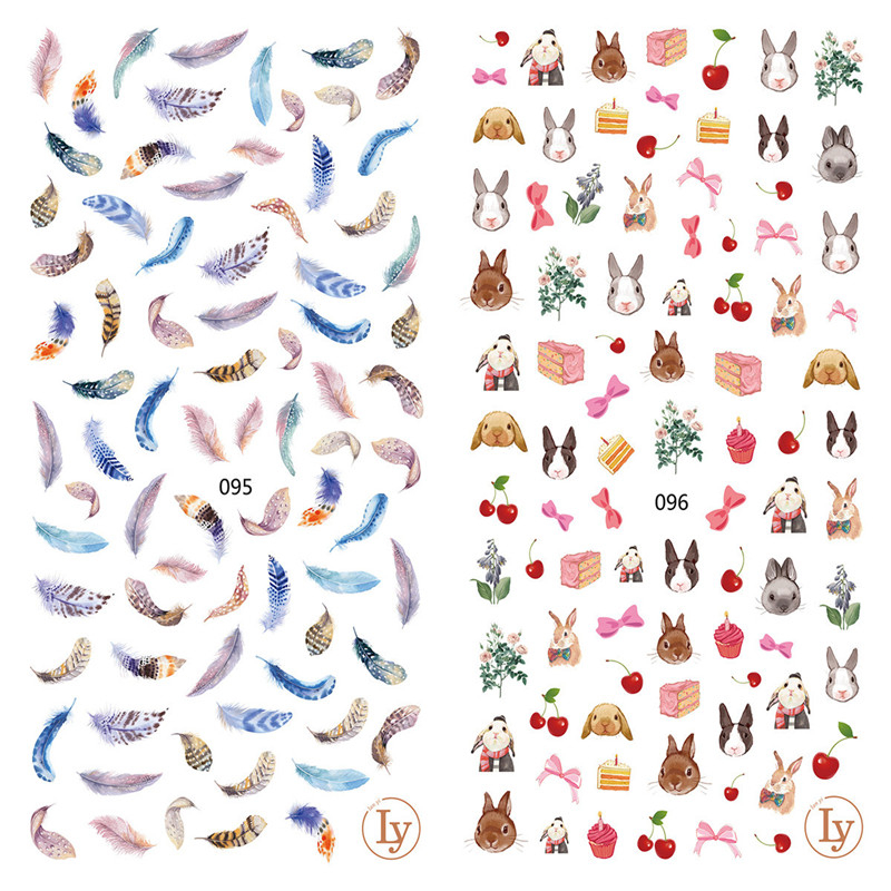 LY095-096 Thin 3D Feather And Rabbit Nail Art Sticker
