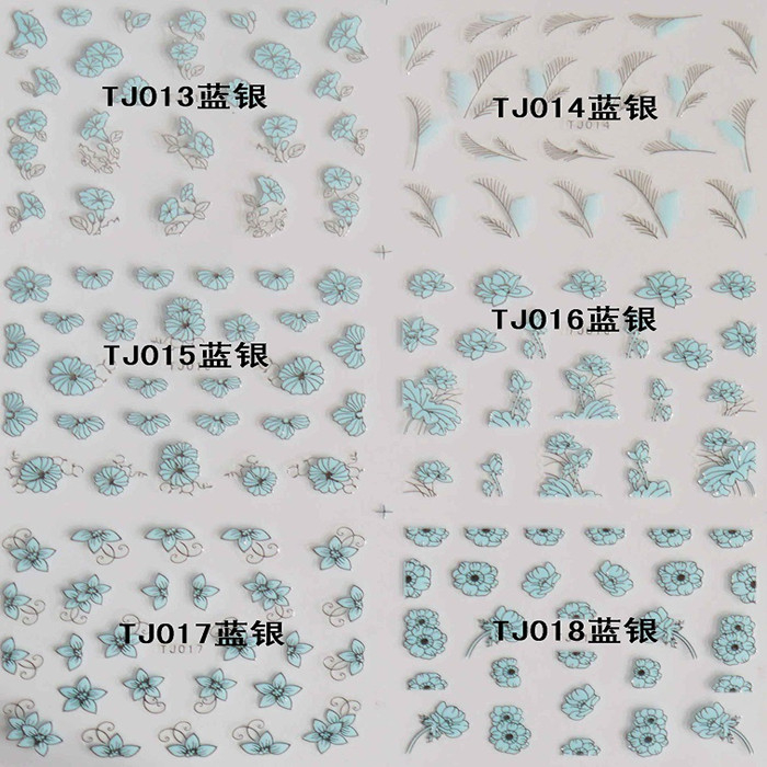 TJ013-024 3D Blue Silver Flower Nail Art Sticker 