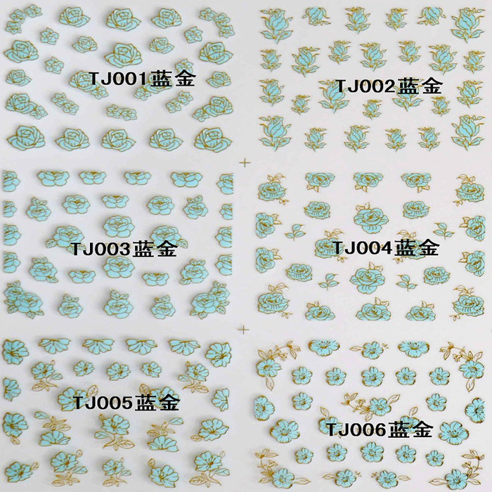 TJ001-012 3D Blue Gold Flower Nail Art Sticker 