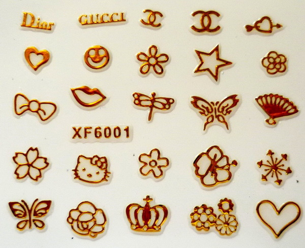 XF6001-6006 3D Gold Metal Nail Art Sticker 