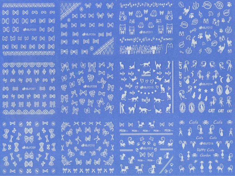 HBJY205-216 3D White Bow And Cat Nail Art Sticker 