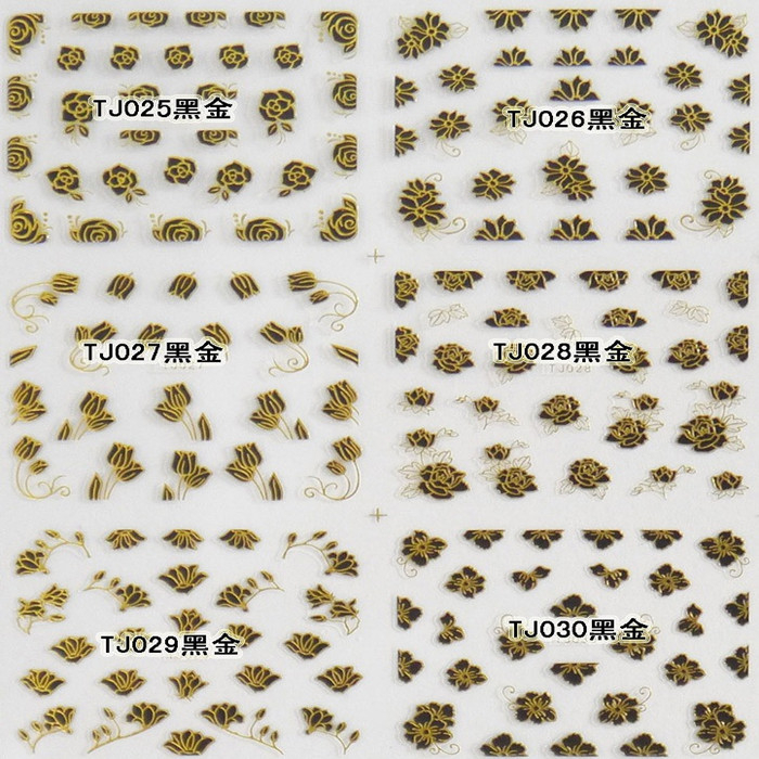 TJ025-036 3D Black Gold Flower Nail Art Sticker 