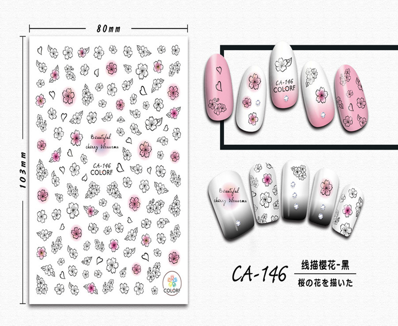 CA-146 3D Black Line Drawing Cherry Blossom Nail Sticker