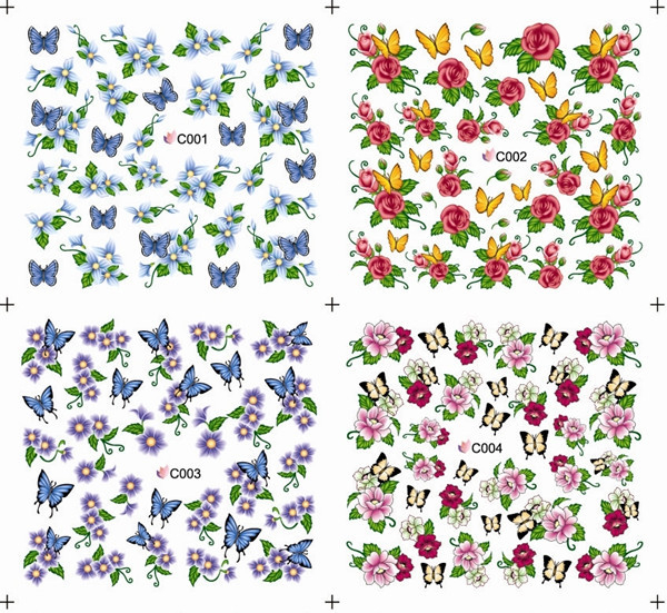 C001-004 Flowers And Butterflies Water Nail Sticker