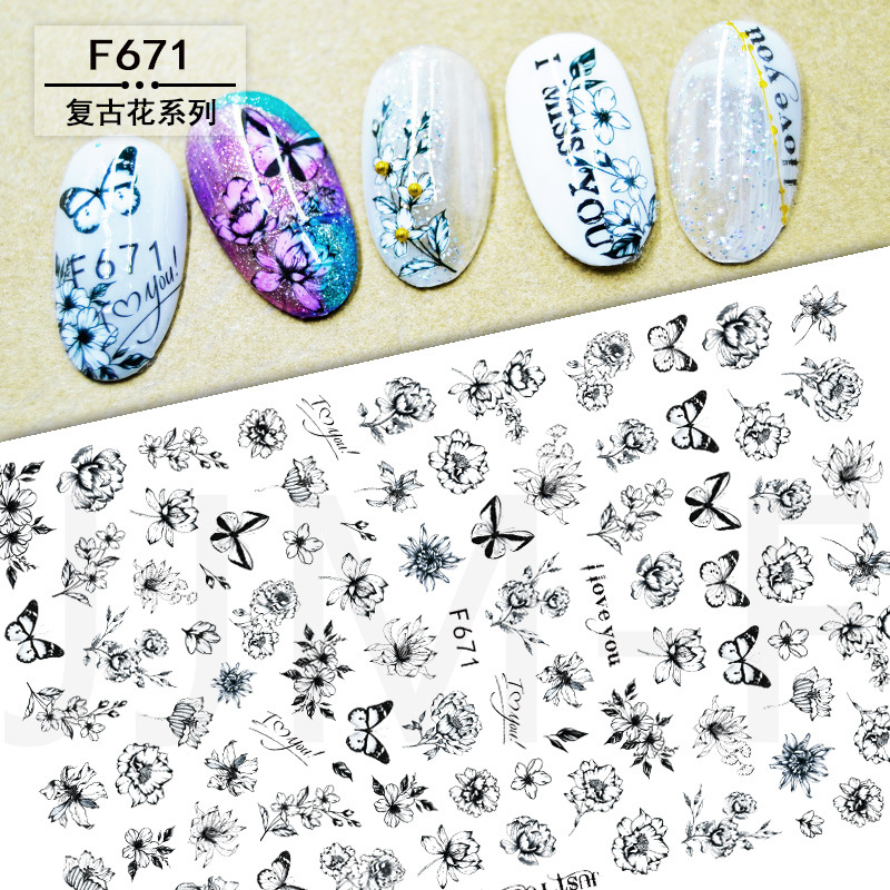 F671 Black Color Flower Butterfly Gardon Self-adhesive Nail Art Sticker