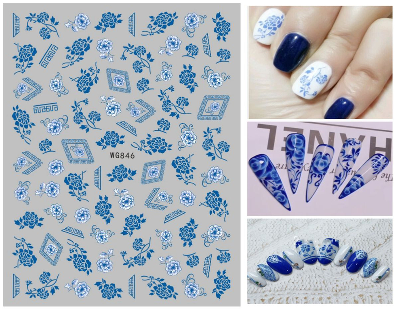 WG844-851 Classic Blue and White Porcelain Pattern Nail Sticker