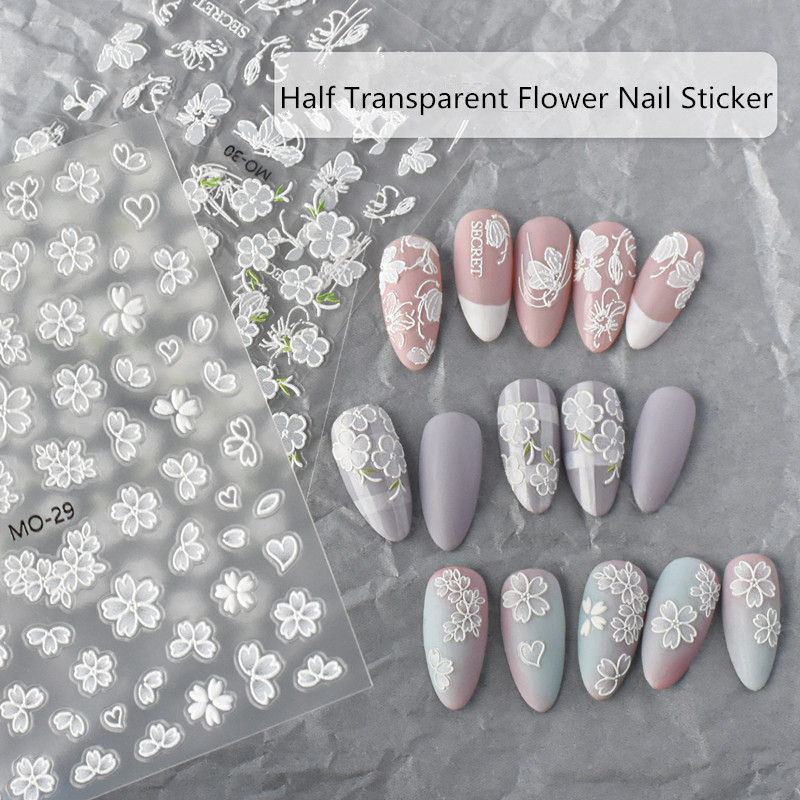 White Half Transparent Embossed Flower Nail Sticker Decoration