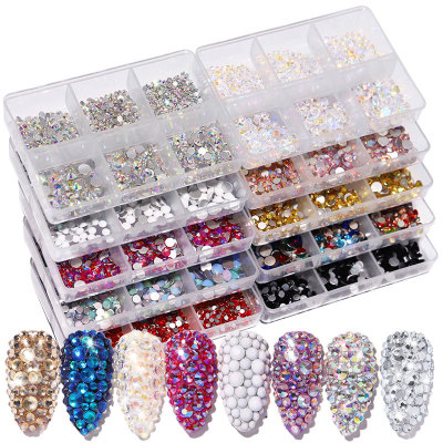 New Style Nail Art Flat-bottom Mixed Color AB Porcelain White Champagne 6 Grid Nail Jewelry Diamond Diy Nail Rhinestone