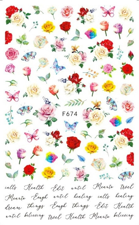 F674 Rose Flower Gardon Butterfly Self-adhesive Nail Art Sticker