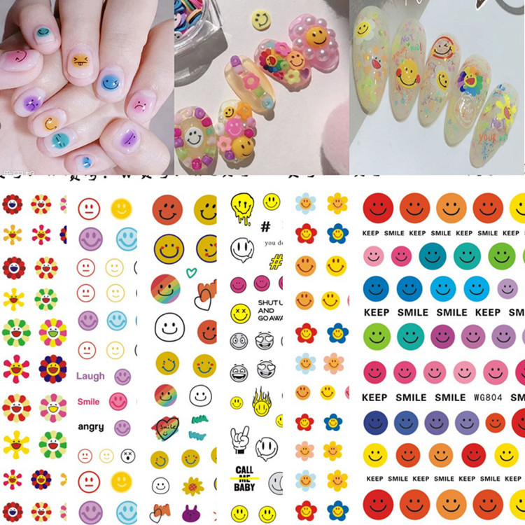WG791-808 Cute Smile Face Colorful Heart Sunflower Nail Sticker