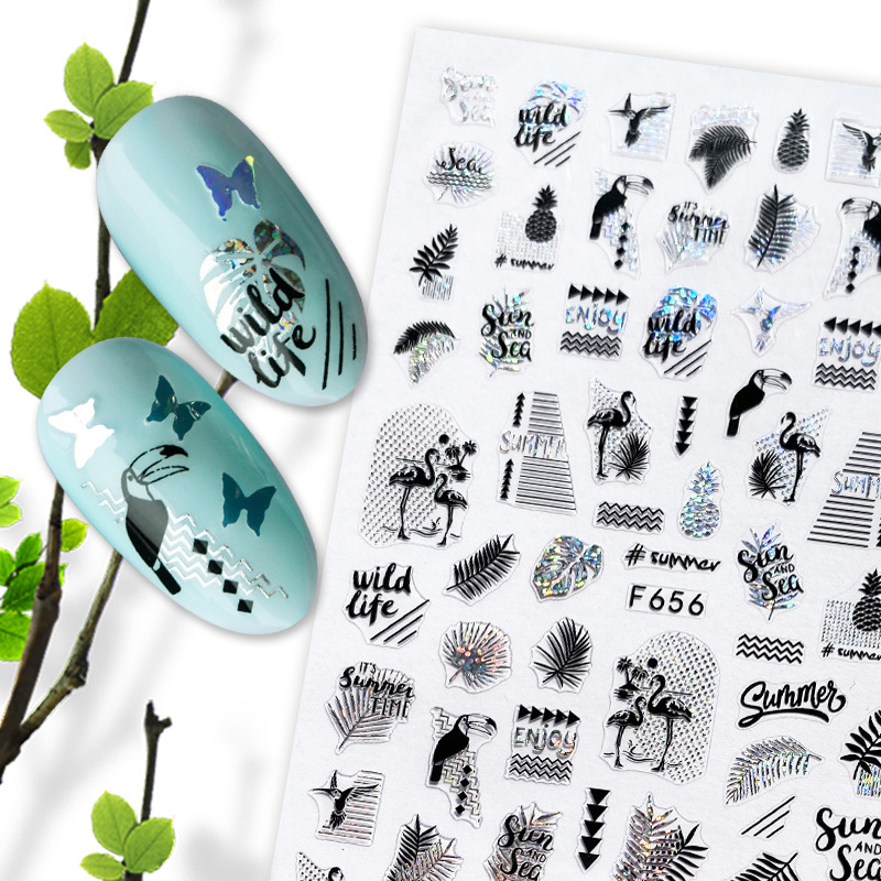 F654-F661 Silver And Black Color Summer 3D Nail Sticker 