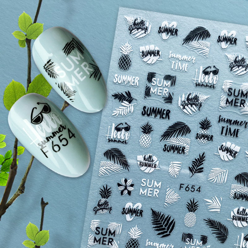 F654-F661 white And black Color Summer 3D Nail Sticker 