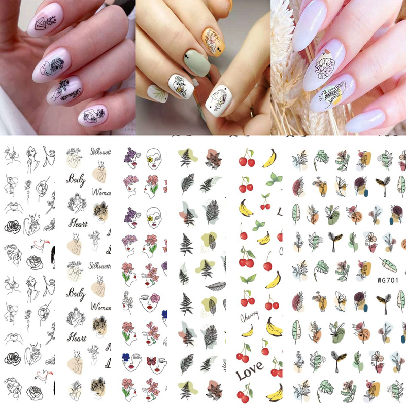 WG692-703 Face Blackboard Drawing Plants Nail Sticker