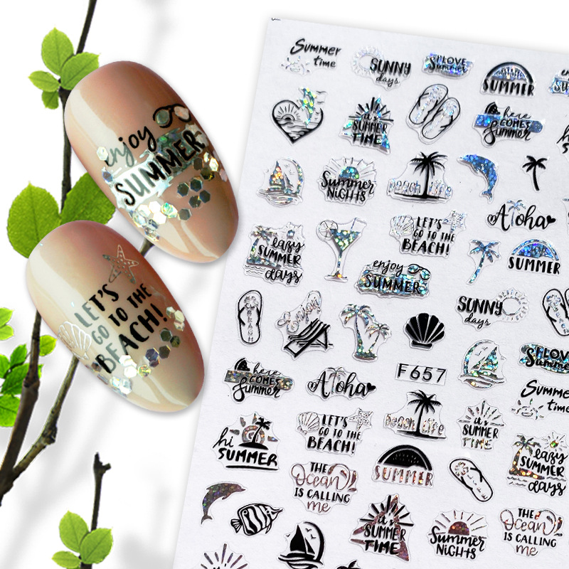 F654-F661 Silver And Black Color Summer 3D Nail Sticker 