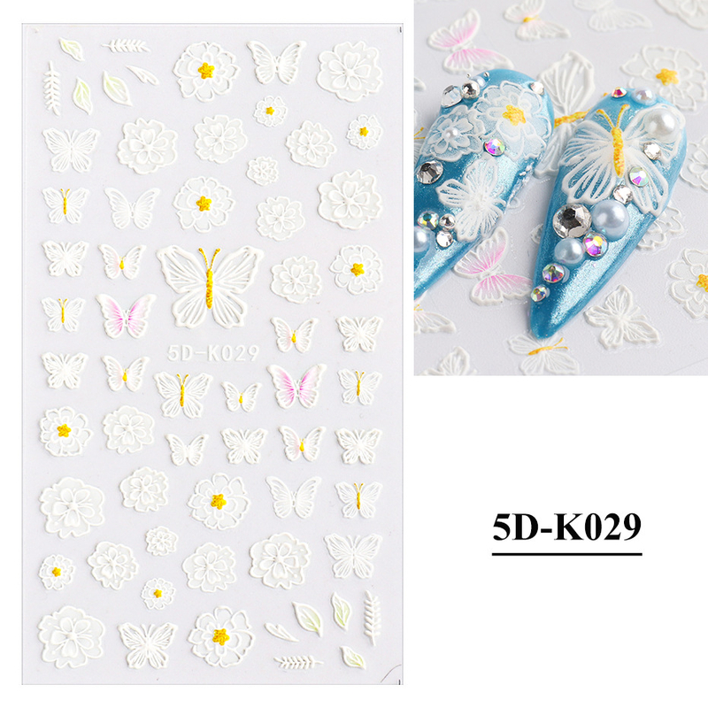 5D Embossed Spring Sumber Butterfly Leaf Flower Nail sticker