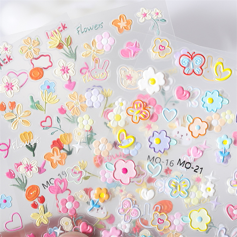 Flower Cute Rabbit Embossed Nail Sticker