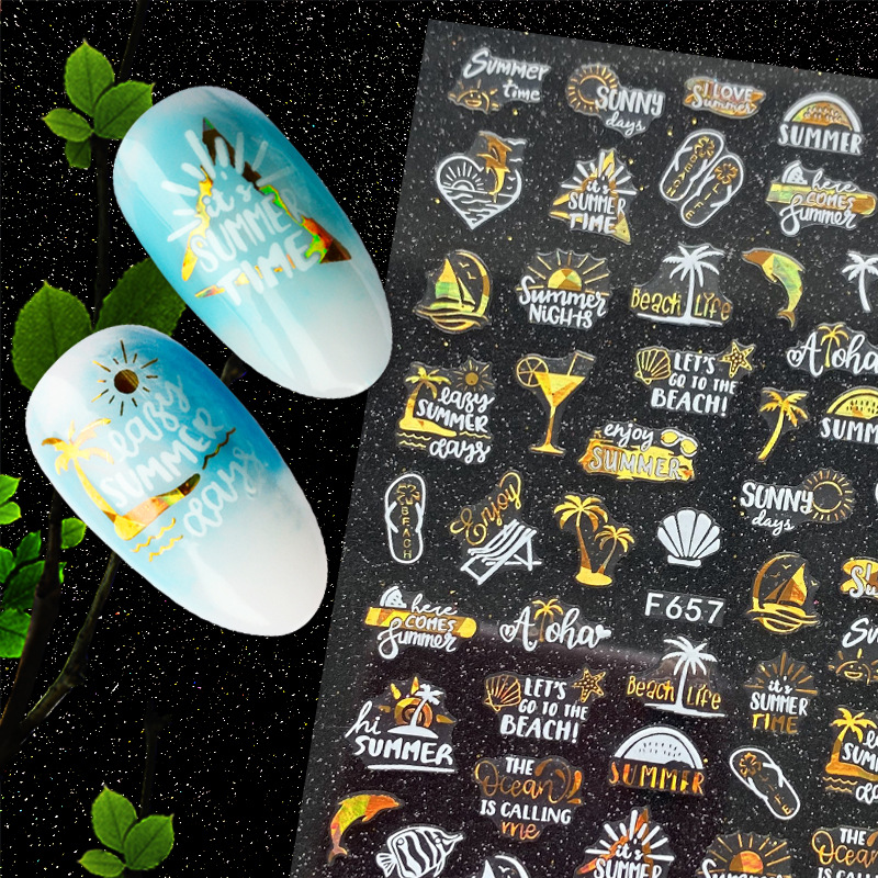 F654-F661 Gold And White Color Summer 3D Nail Sticker 