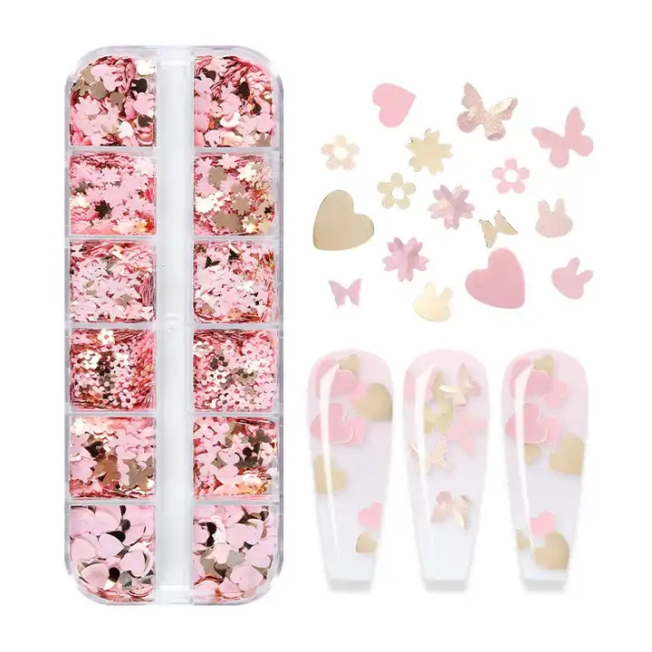 Pink Gold Black Pink Black Gold Butterfly Heart Flower Rabbit Nail Glitter Sequin Nail Flakes