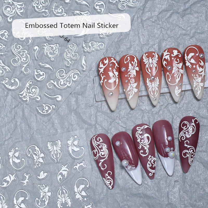 White Embossed Vintage Totem Adhesive Nail Stickers