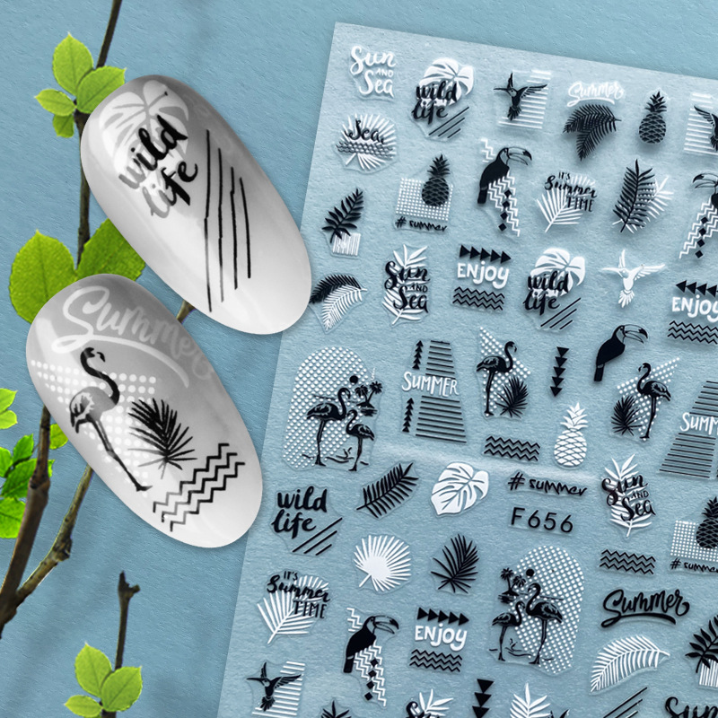 F654-F661 white And black Color Summer 3D Nail Sticker 