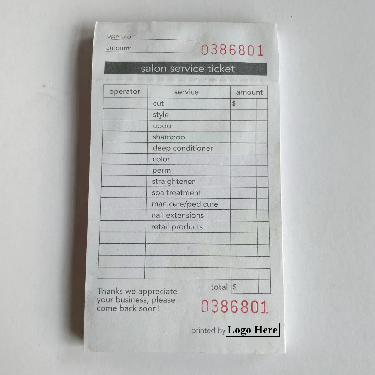 Pravited Logo Customized Made Nail Salon Service Ticket 