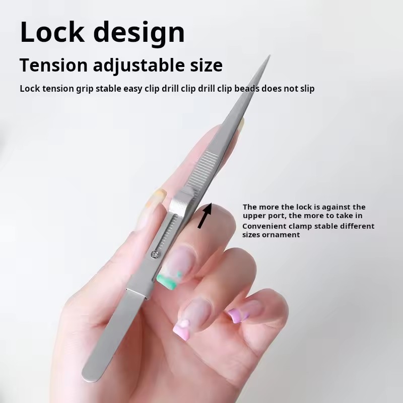 Stainless Steel Nail Tweezers Adjustable with Buckle Slide Lock Antistatic for Rhinestone