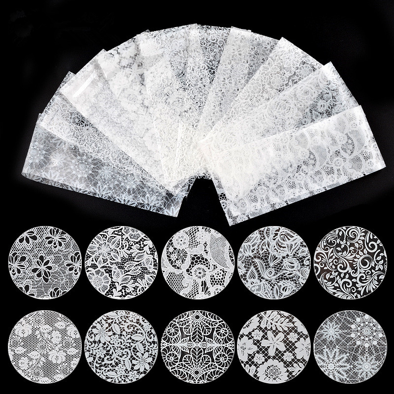 10 designs White Lace Nail Art Transfer Foil Sticker 