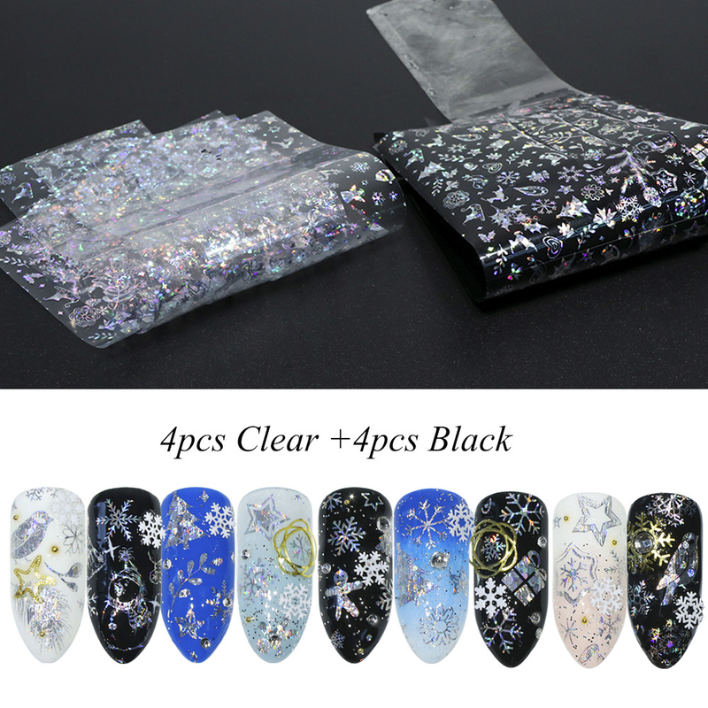 Clear And Black Laser Christmas Nail Transfer Foil Sticker(8pcs/set)
